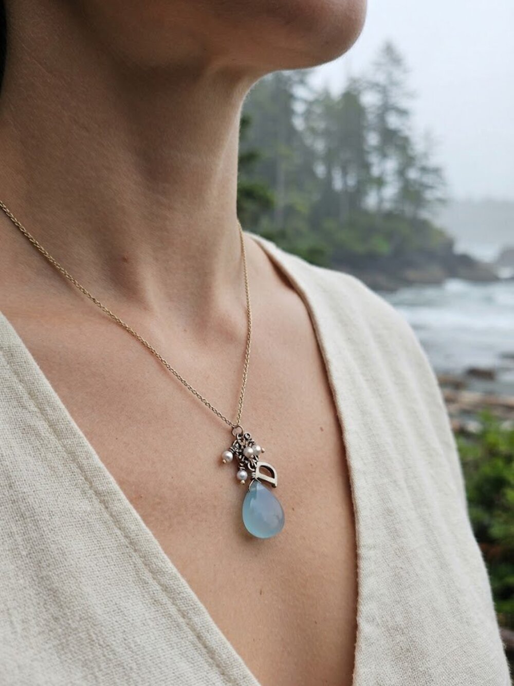 Diane Yang 14K Gold, Pearl & Blue Chalcedony Pendant Necklace